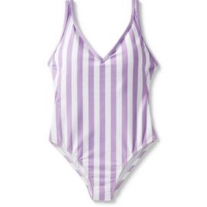 NWT Lavender & White Vertical Stripe V Neck One Piece Swimsuit